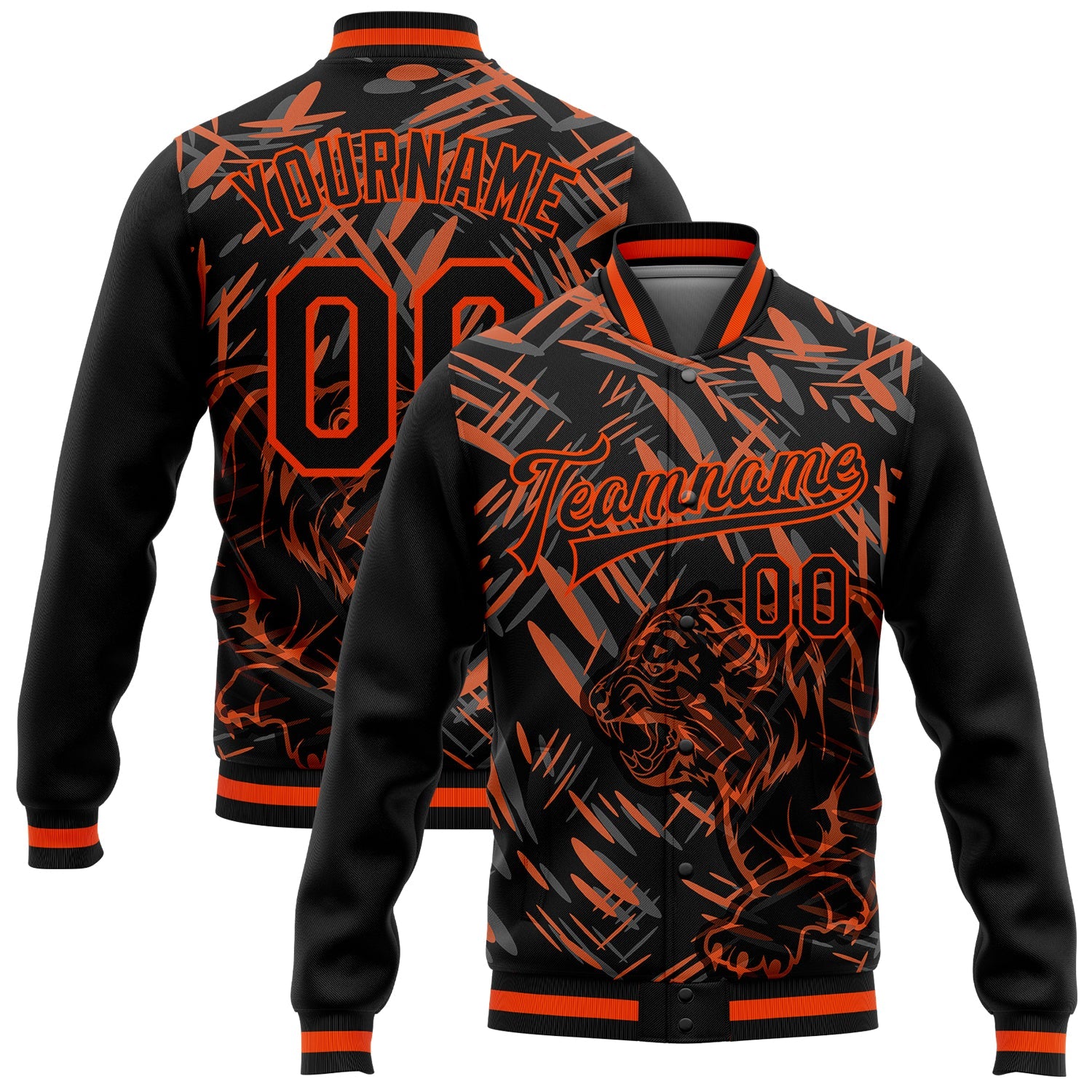 Custom Black Orange Tiger 3D Pattern Design Bomber Full-Snap Varsity Letterman Jacket - Main View