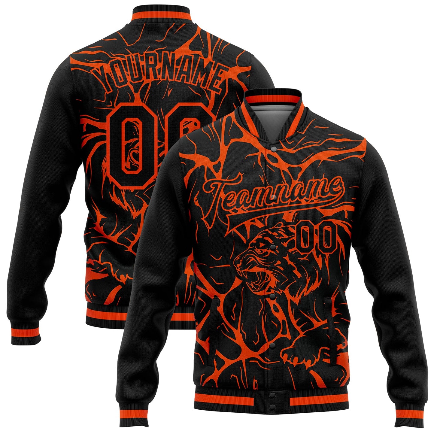 Custom Black Orange Abstract Network And Tiger 3D Pattern Design Bomber Full-Snap Varsity Letterman Jacket - Main View