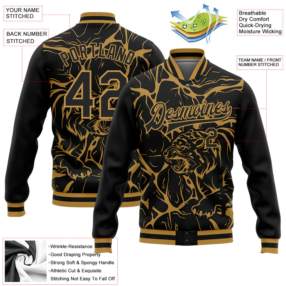 Custom Black Old Gold Abstract Network And Tiger 3D Pattern Design Bomber Full-Snap Varsity Letterman Jacket view 5