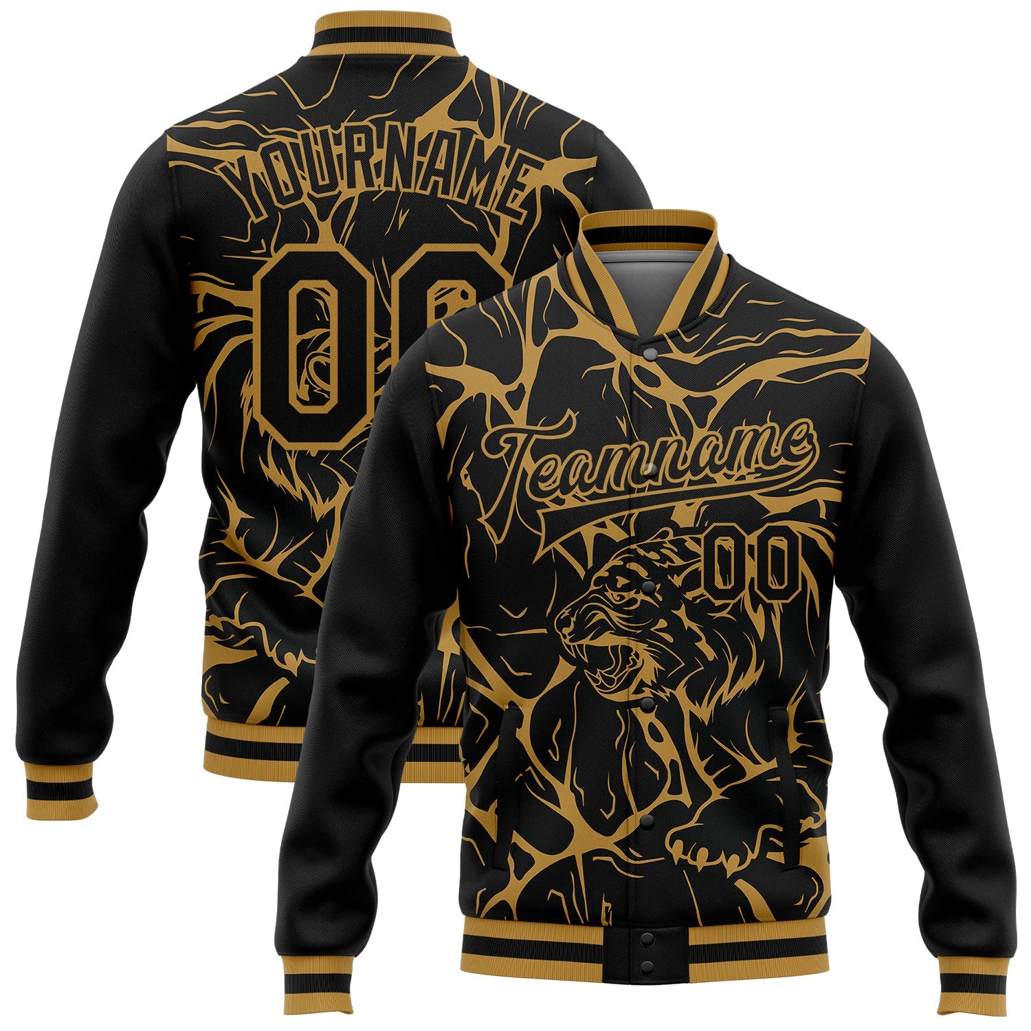 Custom Black Old Gold Abstract Network And Tiger 3D Pattern Design Bomber Full-Snap Varsity Letterman Jacket - Main View