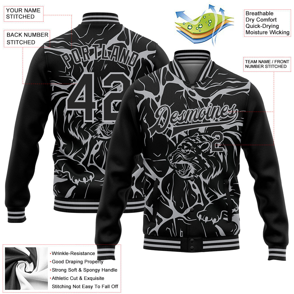 Custom Black Gray Abstract Network And Tiger 3D Pattern Design Bomber Full-Snap Varsity Letterman Jacket view 5