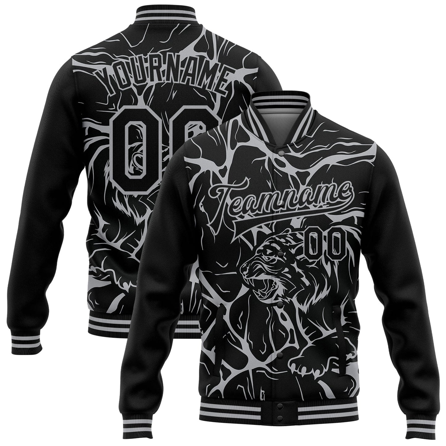 Custom Black Gray Abstract Network And Tiger 3D Pattern Design Bomber Full-Snap Varsity Letterman Jacket - Main View