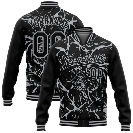 Custom Black Gray Abstract Network And Tiger 3D Pattern Design Bomber Full-Snap Varsity Letterman Jacket - Main View