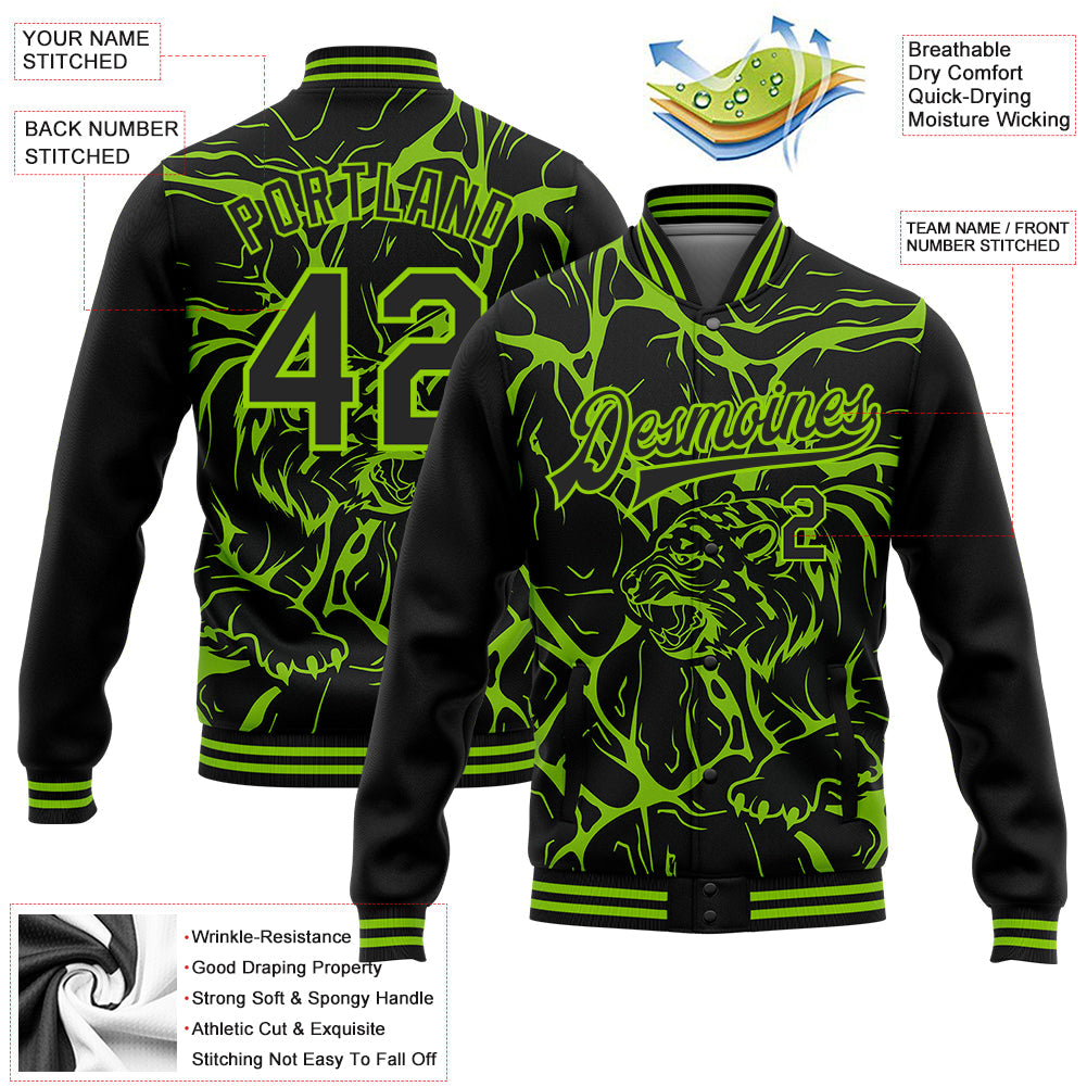 Custom Black Neon Green Abstract Network And Tiger 3D Pattern Design Bomber Full-Snap Varsity Letterman Jacket view 5