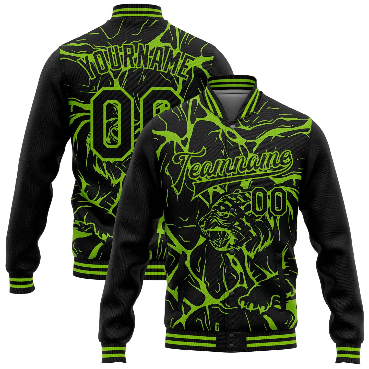 Custom Black Neon Green Abstract Network And Tiger 3D Pattern Design Bomber Full-Snap Varsity Letterman Jacket - Main View