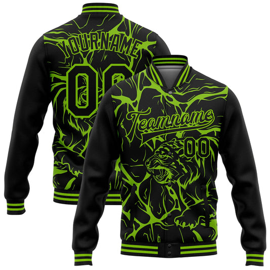 Custom Black Neon Green Abstract Network And Tiger 3D Pattern Design Bomber Full-Snap Varsity Letterman Jacket - Main View