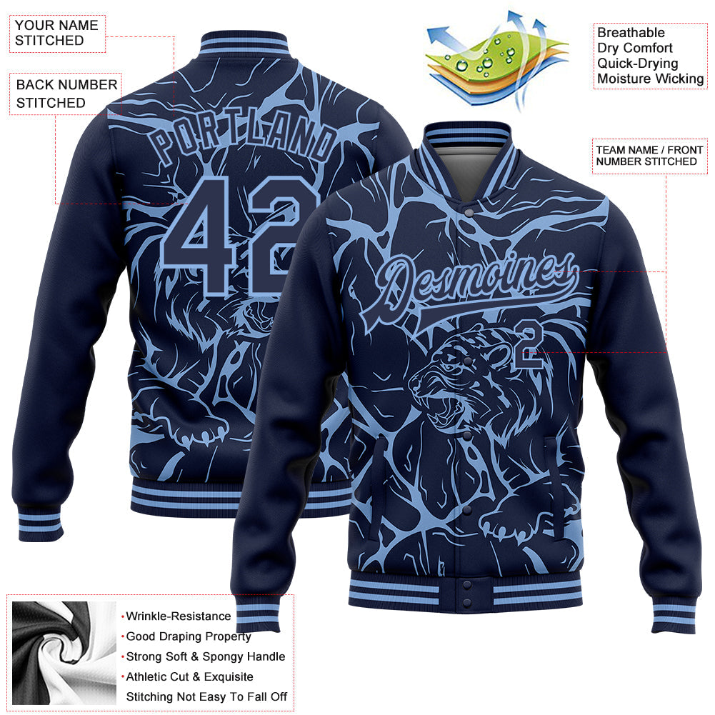 Custom Navy Light Blue Abstract Network And Tiger 3D Pattern Design Bomber Full-Snap Varsity Letterman Jacket view 5