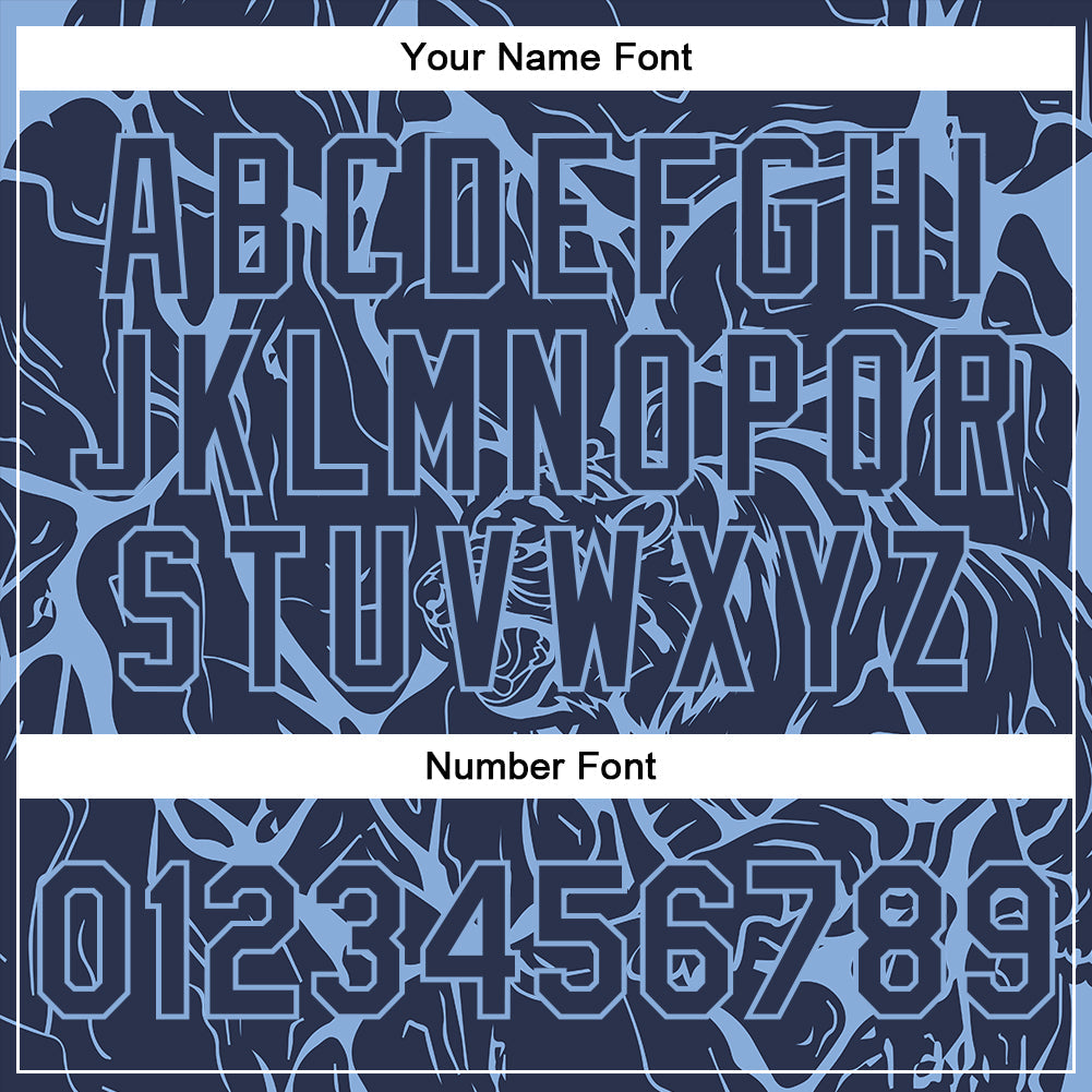Custom Navy Light Blue Abstract Network And Tiger 3D Pattern Design Bomber Full-Snap Varsity Letterman Jacket view 7