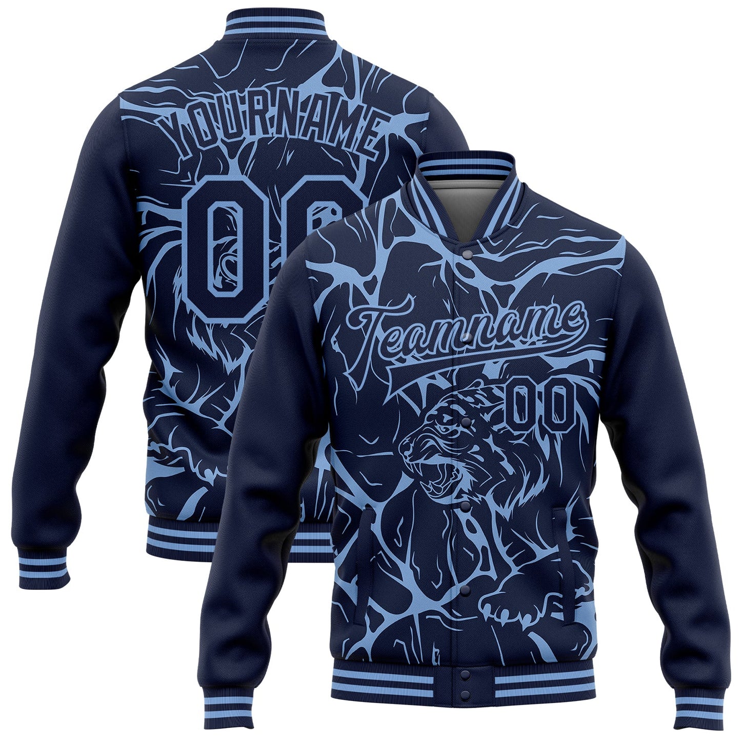 Custom Navy Light Blue Abstract Network And Tiger 3D Pattern Design Bomber Full-Snap Varsity Letterman Jacket - Main View