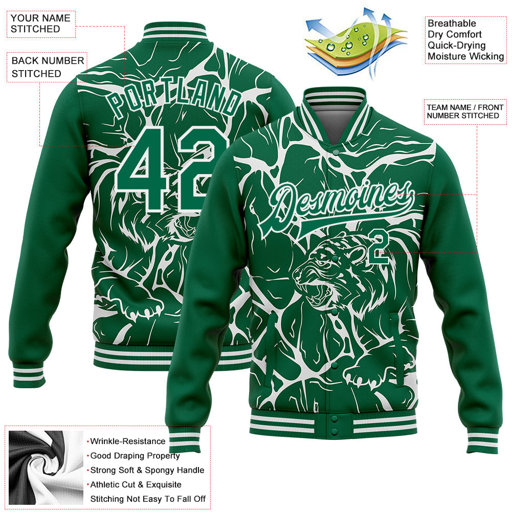 Custom Kelly Green White Abstract Network And Tiger 3D Pattern Design Bomber Full-Snap Varsity Letterman Jacket view 5