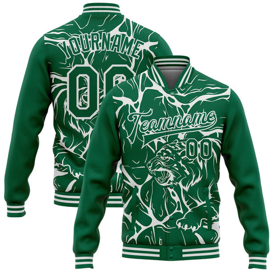 Custom Kelly Green White Abstract Network And Tiger 3D Pattern Design Bomber Full-Snap Varsity Letterman Jacket - Main View
