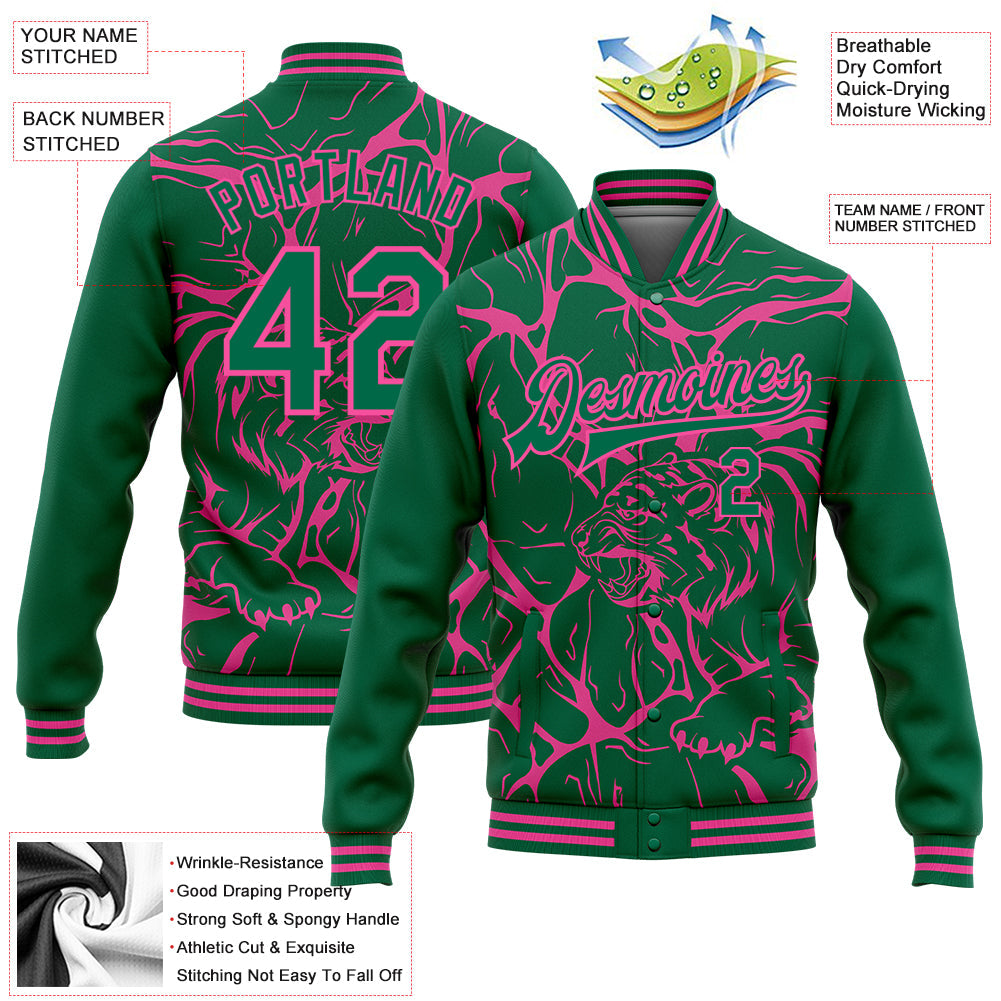 Custom Kelly Green Pink Abstract Network And Tiger 3D Pattern Design Bomber Full-Snap Varsity Letterman Jacket view 5