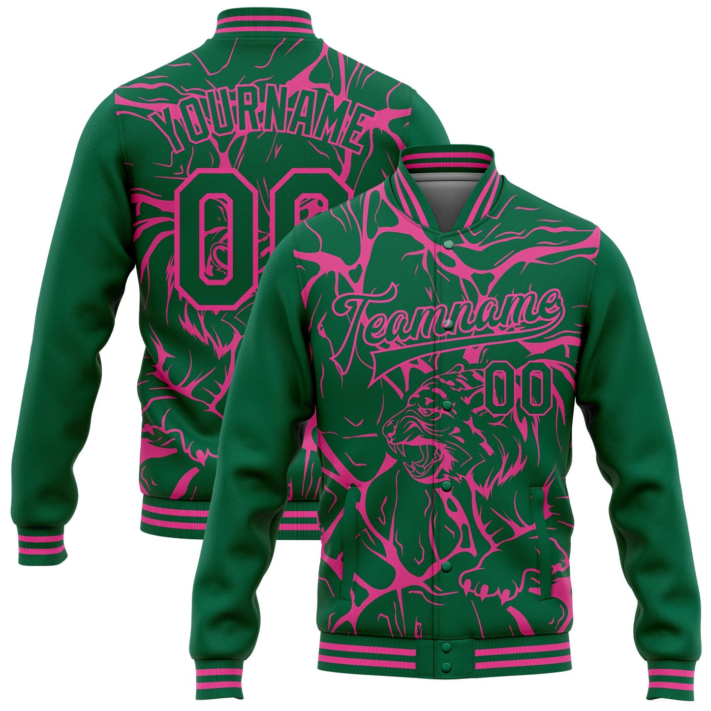 Custom Kelly Green Pink Abstract Network And Tiger 3D Pattern Design Bomber Full-Snap Varsity Letterman Jacket - Main View