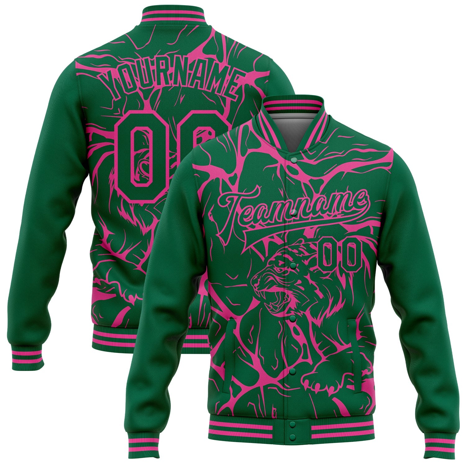 Custom Kelly Green Pink Abstract Network And Tiger 3D Pattern Design Bomber Full-Snap Varsity Letterman Jacket - Main View