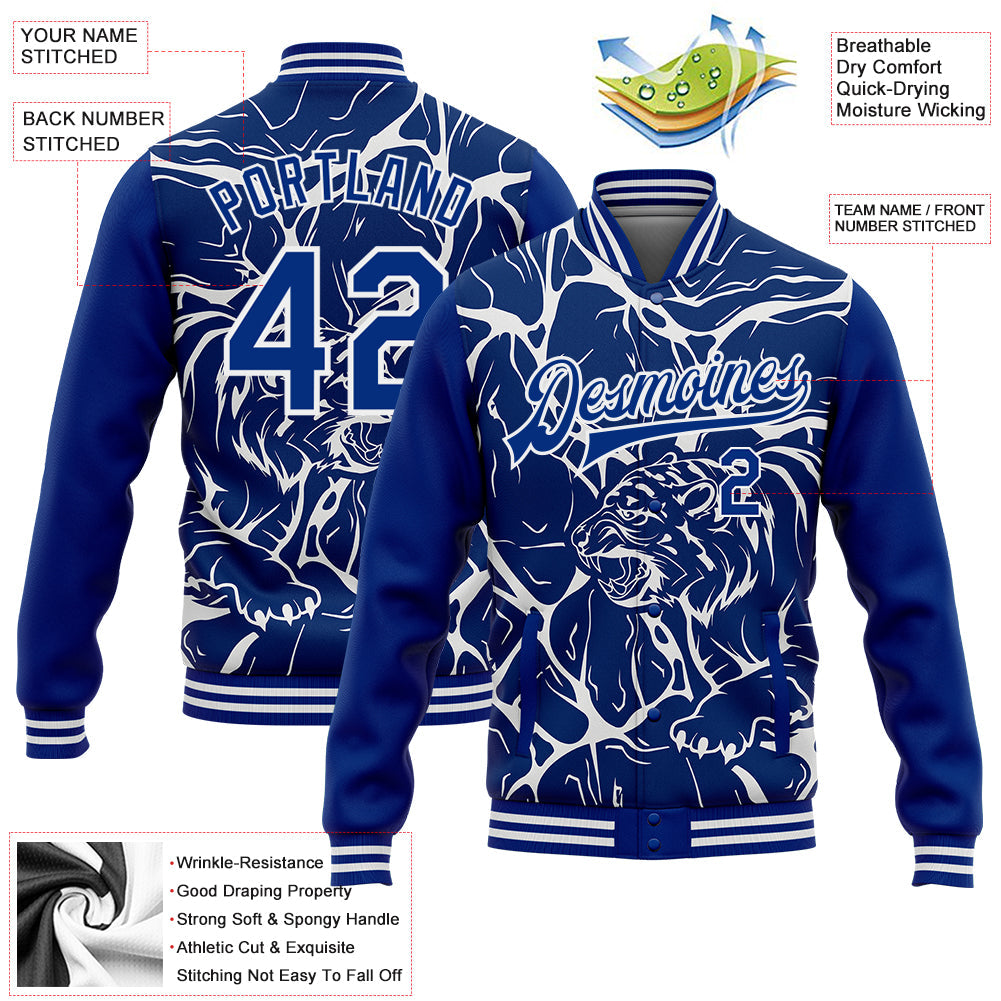 Custom Royal White Abstract Network And Tiger 3D Pattern Design Bomber Full-Snap Varsity Letterman Jacket view 5