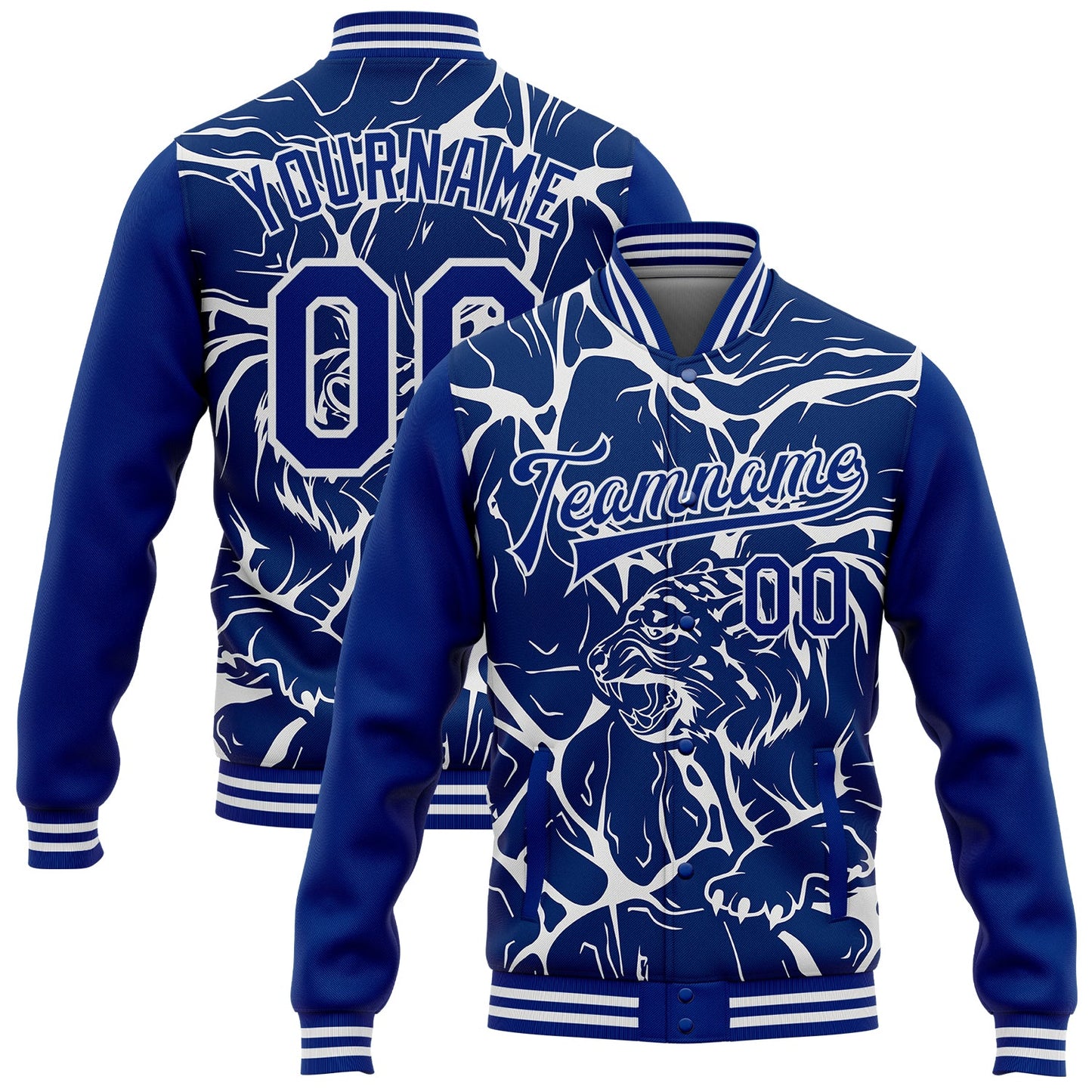 Custom Royal White Abstract Network And Tiger 3D Pattern Design Bomber Full-Snap Varsity Letterman Jacket - Main View