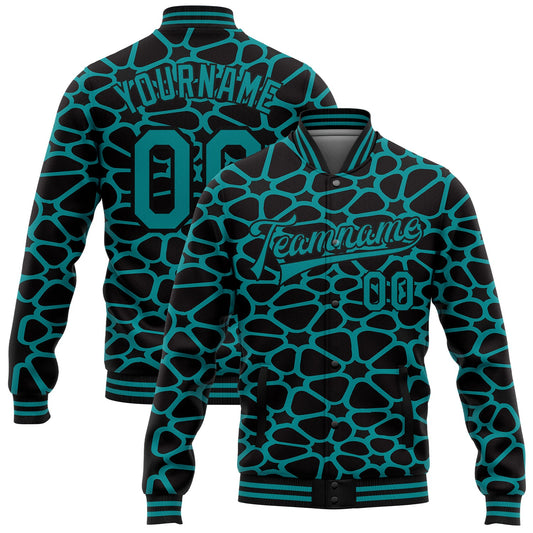 Custom Black Teal Spotted 3D Pattern Design Bomber Full-Snap Varsity Letterman Jacket - Main View