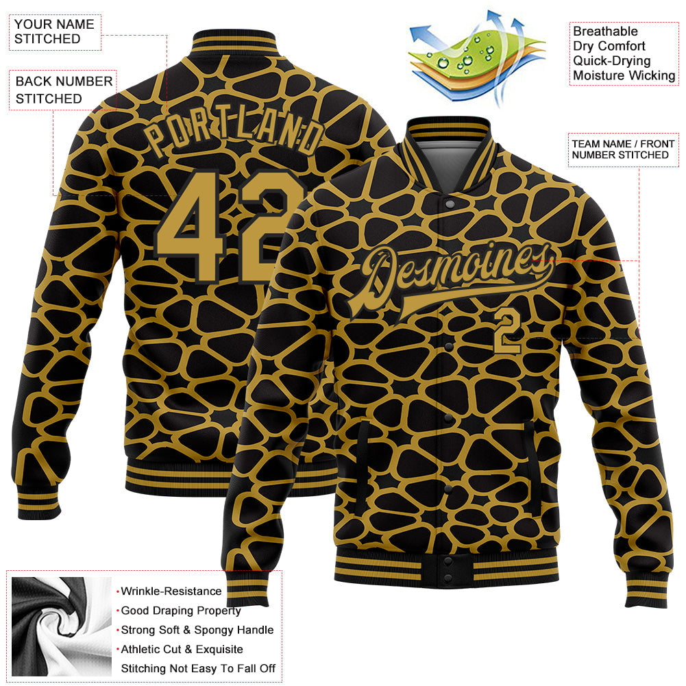 Custom Black Old Gold Spotted 3D Pattern Design Bomber Full-Snap Varsity Letterman Jacket view 5