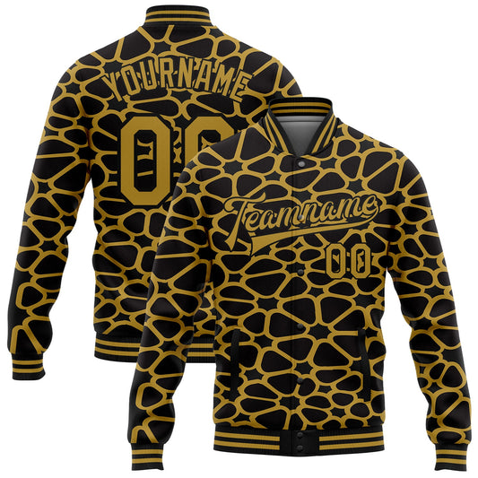 Custom Black Old Gold Spotted 3D Pattern Design Bomber Full-Snap Varsity Letterman Jacket - Main View