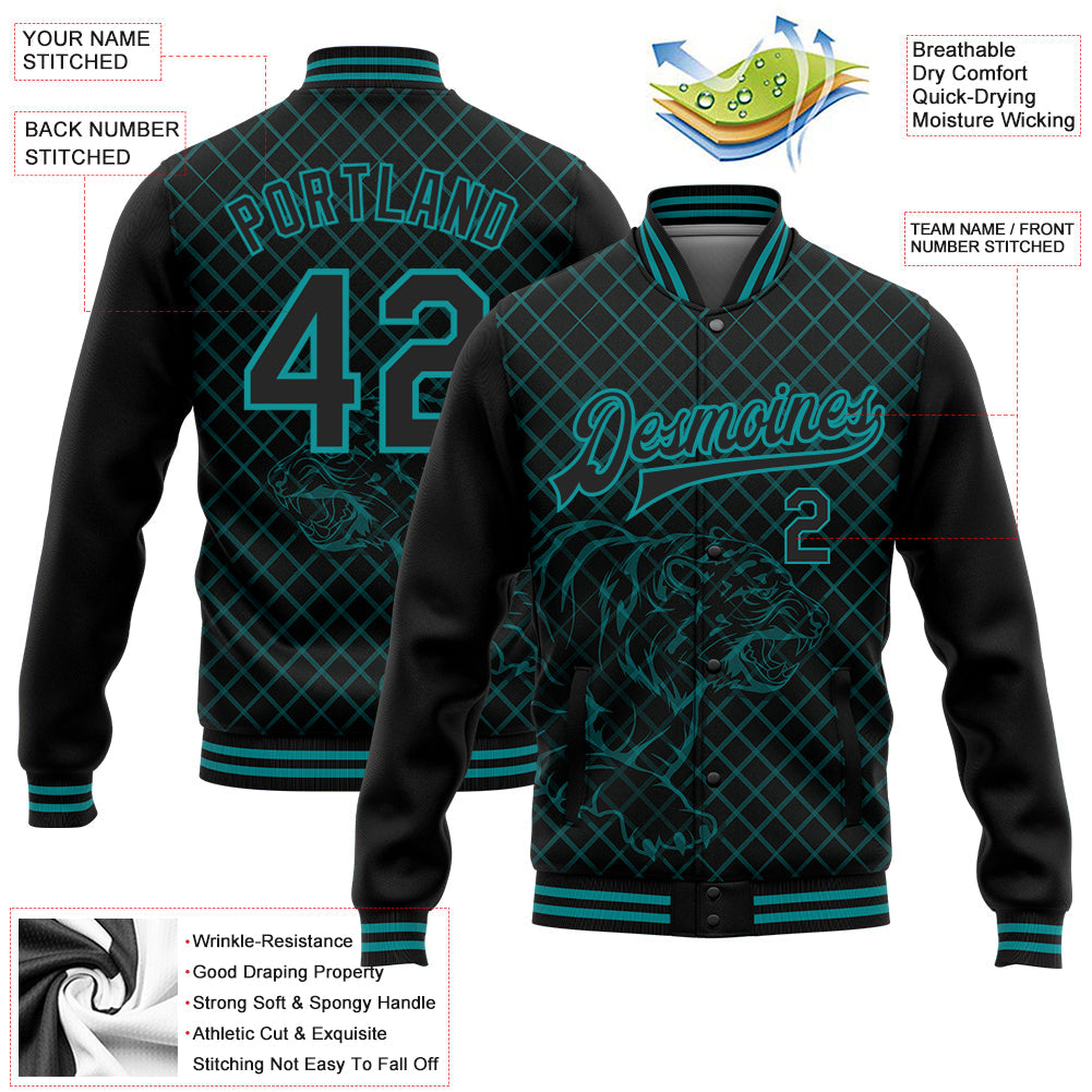 Custom Black Teal Check And Tiger 3D Pattern Design Bomber Full-Snap Varsity Letterman Jacket view 5