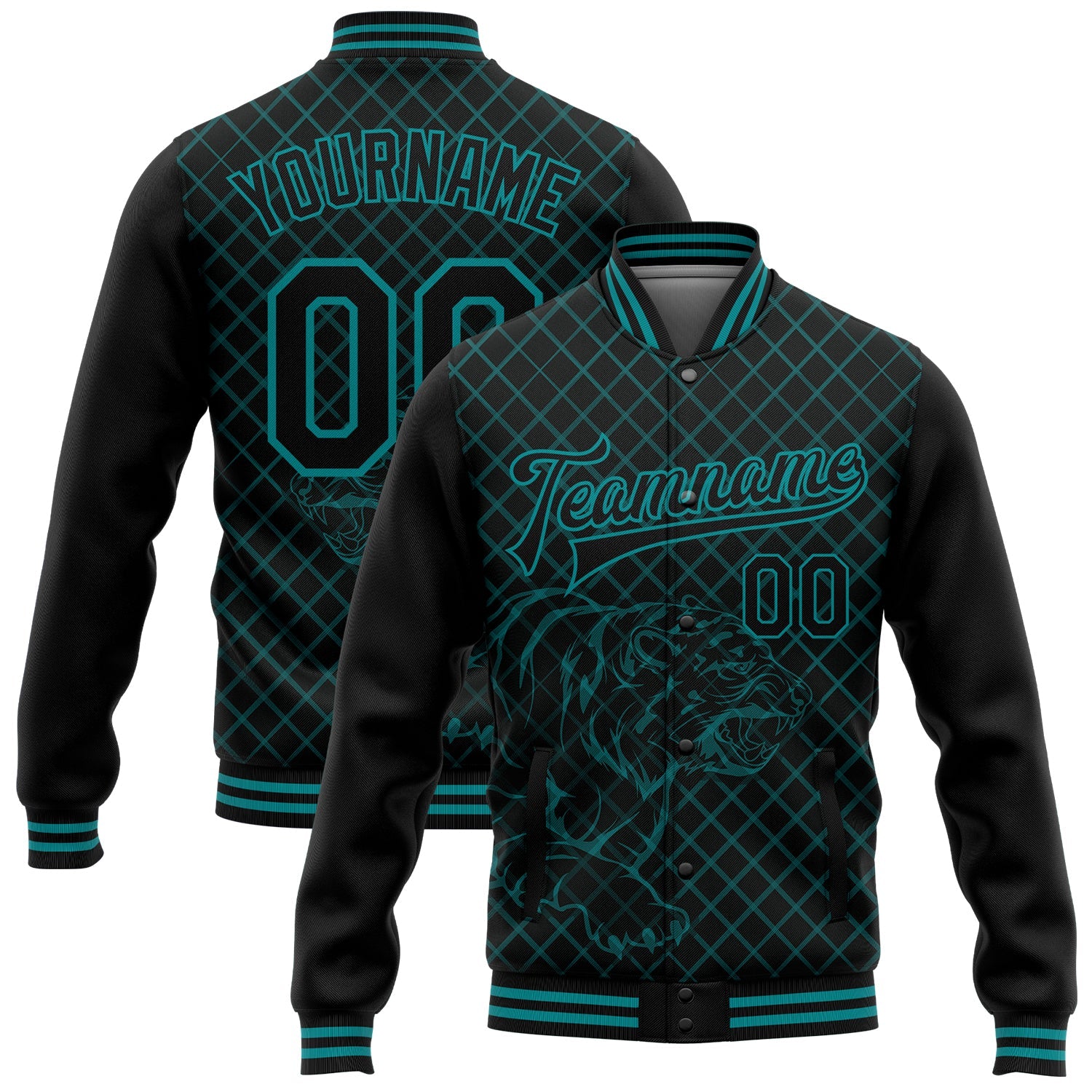 Custom Black Teal Check And Tiger 3D Pattern Design Bomber Full-Snap Varsity Letterman Jacket - Main View