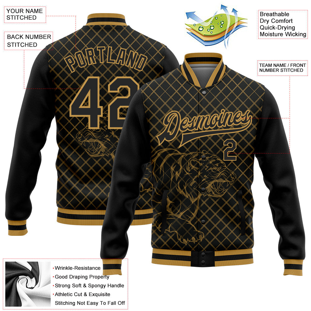 Custom Black Old Gold Check And Tiger 3D Pattern Design Bomber Full-Snap Varsity Letterman Jacket view 5