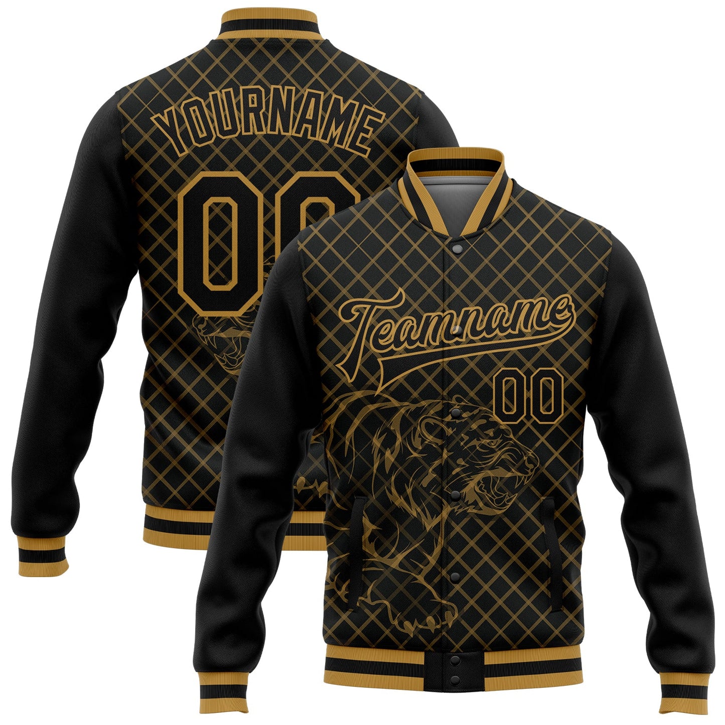 Custom Black Old Gold Check And Tiger 3D Pattern Design Bomber Full-Snap Varsity Letterman Jacket - Main View