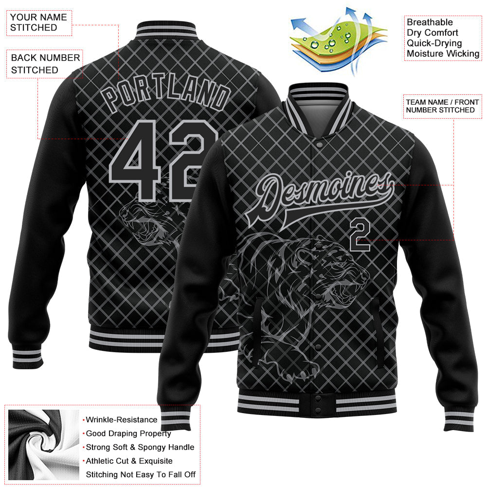 Custom Black Gray Check And Tiger 3D Pattern Design Bomber Full-Snap Varsity Letterman Jacket view 5