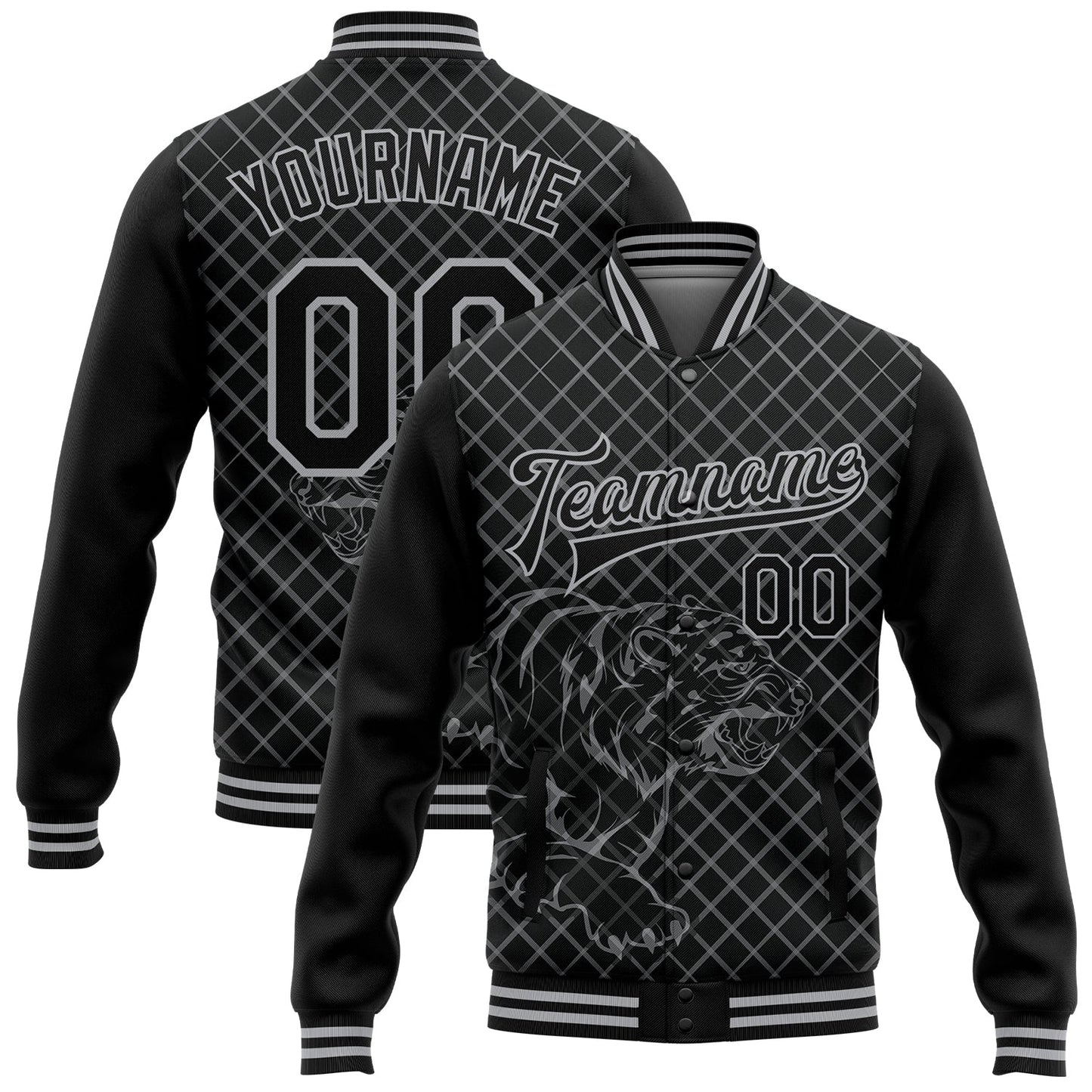 Custom Black Gray Check And Tiger 3D Pattern Design Bomber Full-Snap Varsity Letterman Jacket - Main View