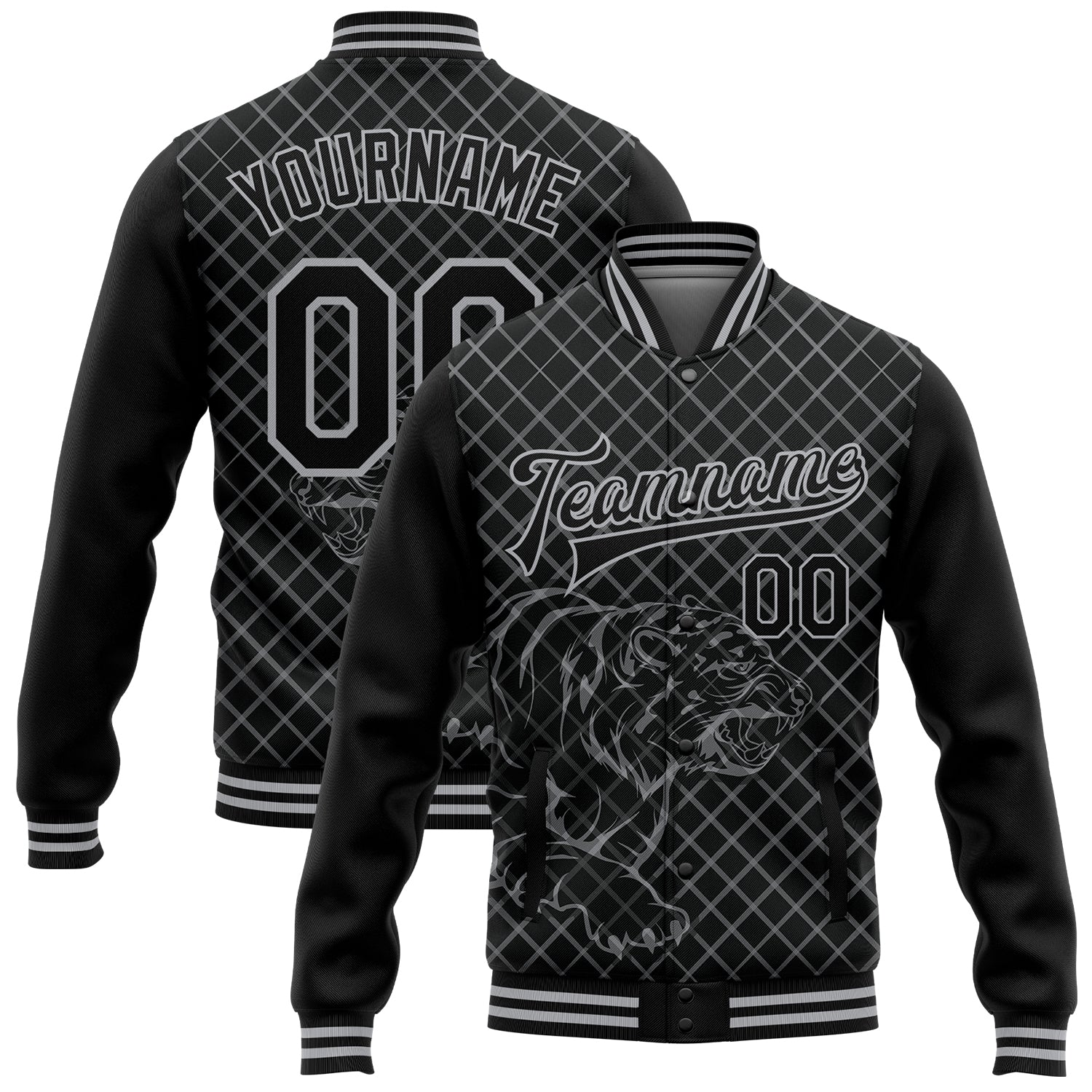 Custom Black Gray Check And Tiger 3D Pattern Design Bomber Full-Snap Varsity Letterman Jacket - Main View
