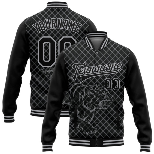 Custom Black Gray Check And Tiger 3D Pattern Design Bomber Full-Snap Varsity Letterman Jacket - Main View