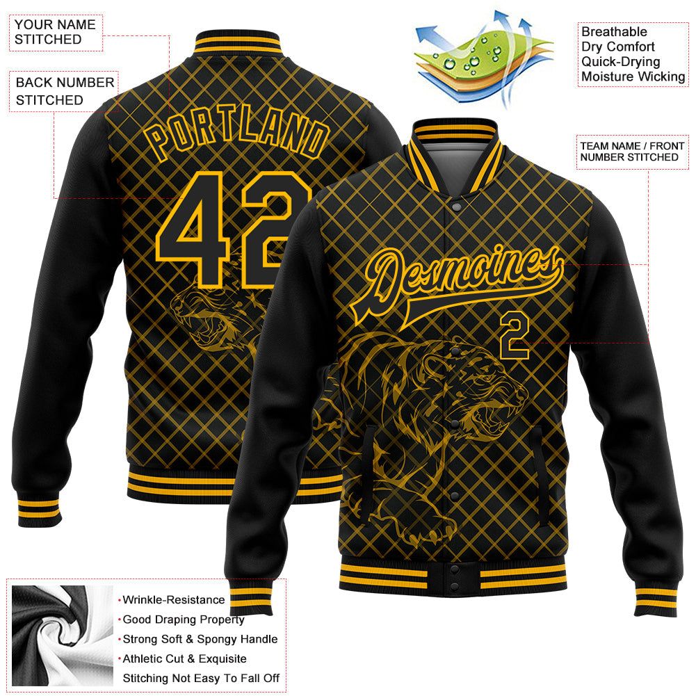 Custom Black Gold Check And Tiger 3D Pattern Design Bomber Full-Snap Varsity Letterman Jacket view 5