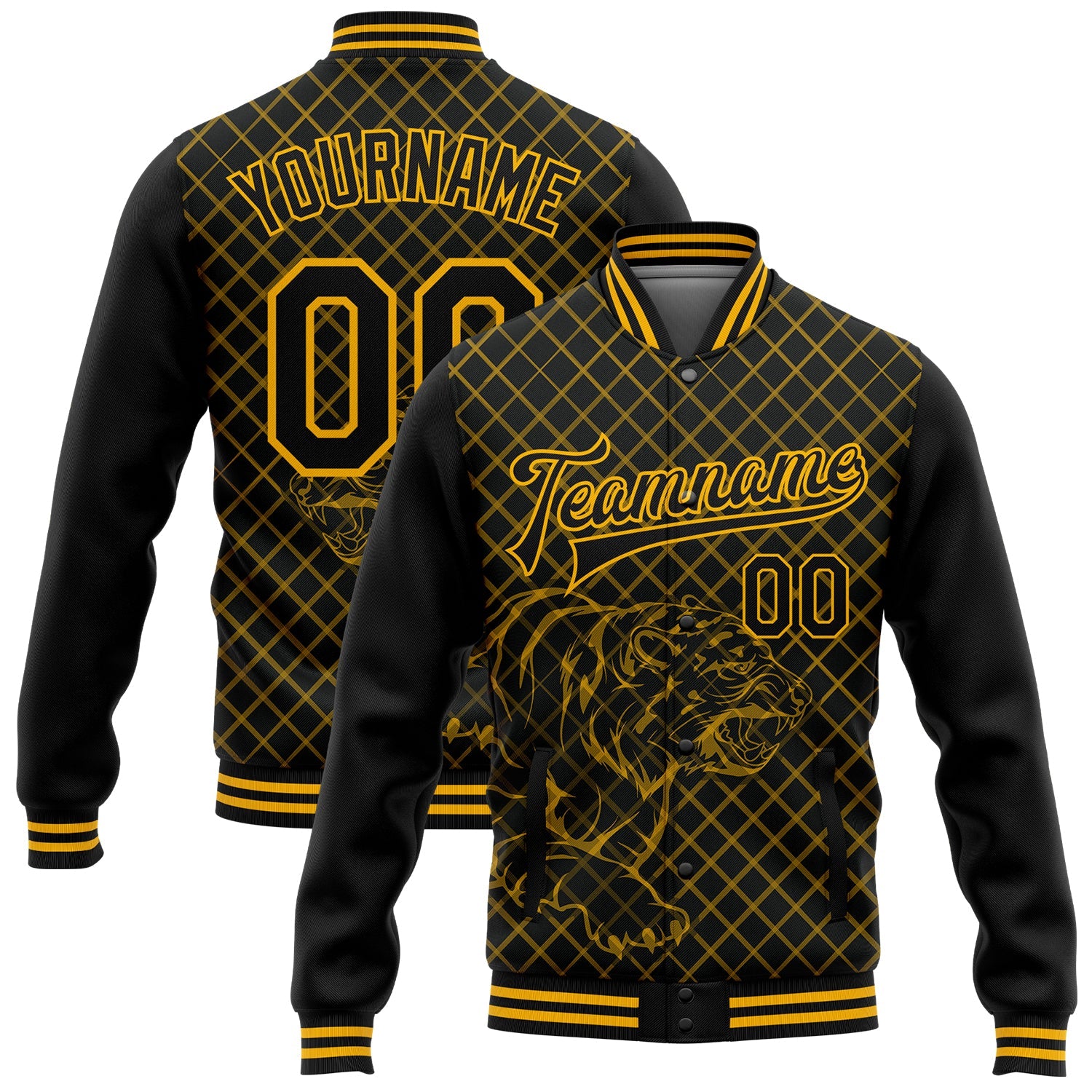 Custom Black Gold Check And Tiger 3D Pattern Design Bomber Full-Snap Varsity Letterman Jacket - Main View