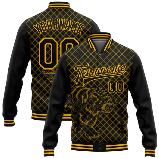 Custom Black Gold Check And Tiger 3D Pattern Design Bomber Full-Snap Varsity Letterman Jacket - Main View