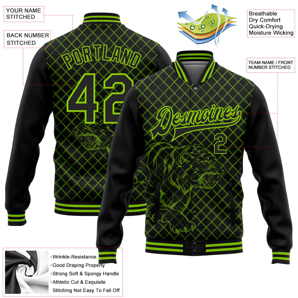 Custom Black Neon Green Check And Tiger 3D Pattern Design Bomber Full-Snap Varsity Letterman Jacket view 5