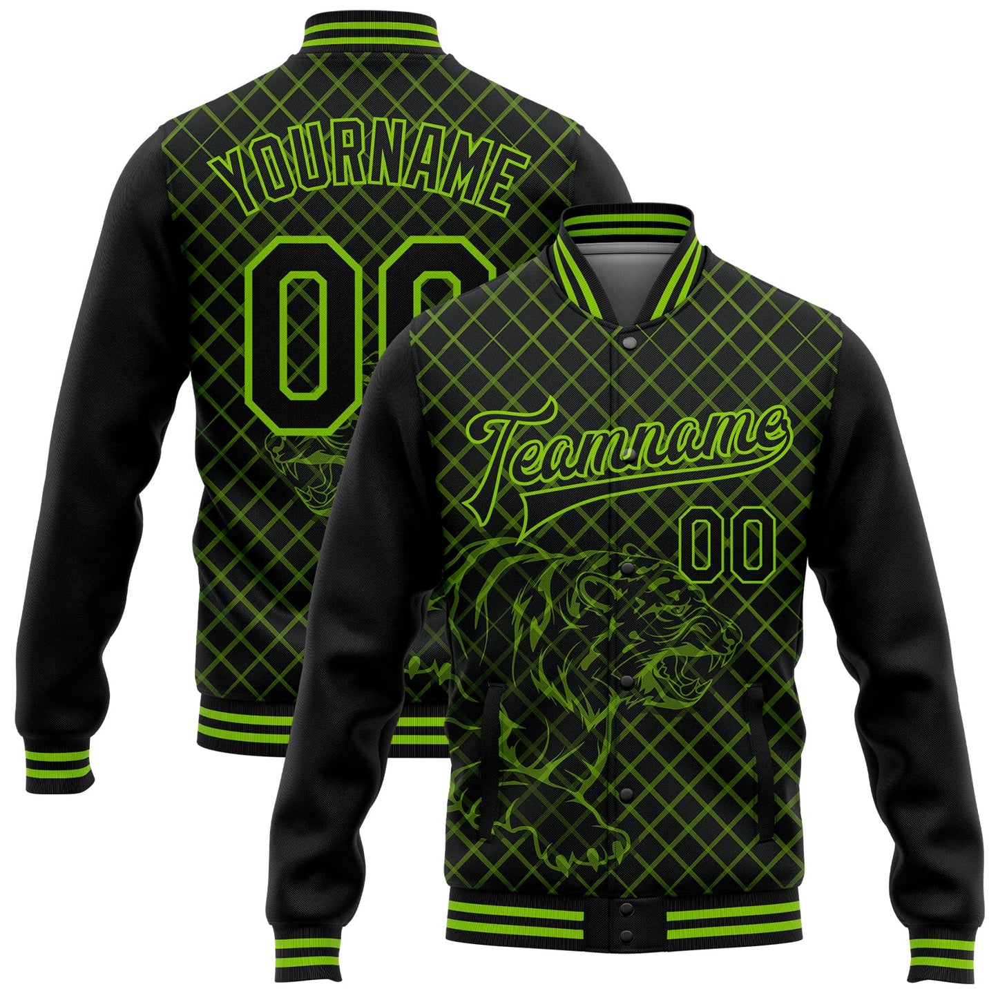 Custom Black Neon Green Check And Tiger 3D Pattern Design Bomber Full-Snap Varsity Letterman Jacket - Main View