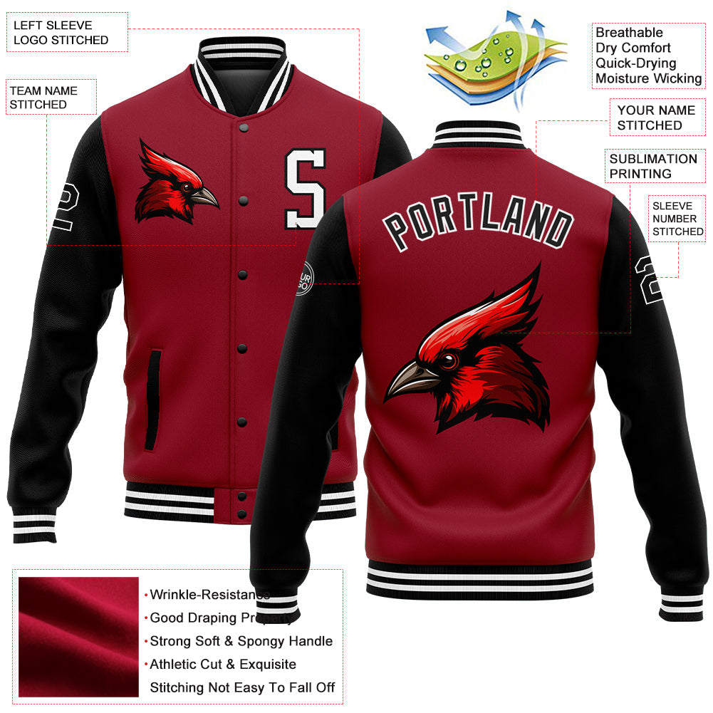 Custom Cardinal Black-White 3D Pattern Design Bomber Full-Snap Varsity Letterman Jacket view 5