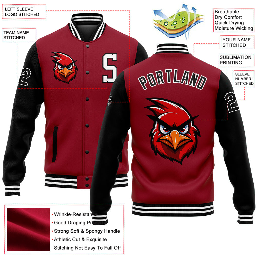 Custom Cardinal Black-White 3D Pattern Design Bomber Full-Snap Varsity Letterman Jacket view 5