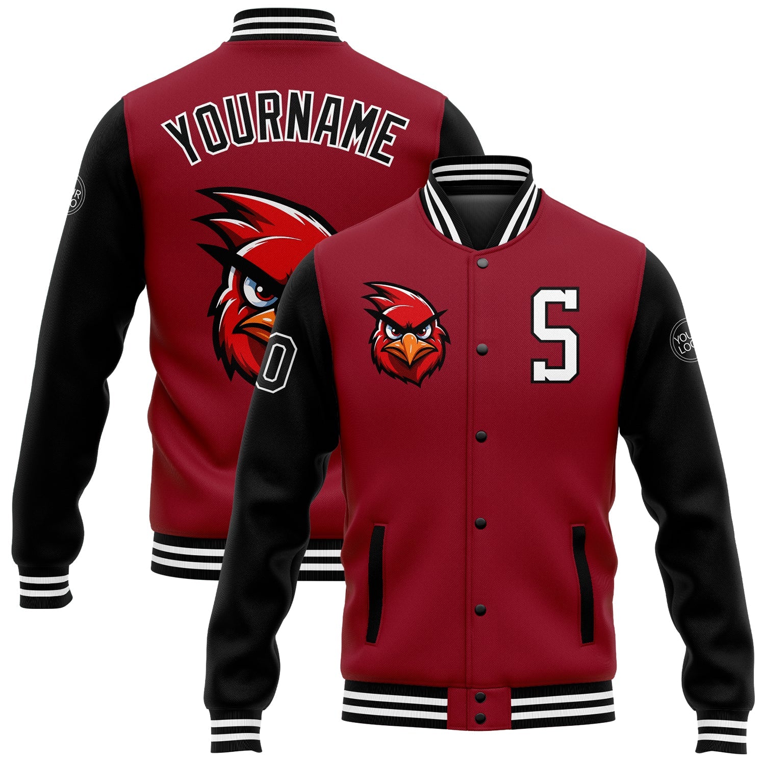 Custom Cardinal Black-White 3D Pattern Design Bomber Full-Snap Varsity Letterman Jacket - Main View