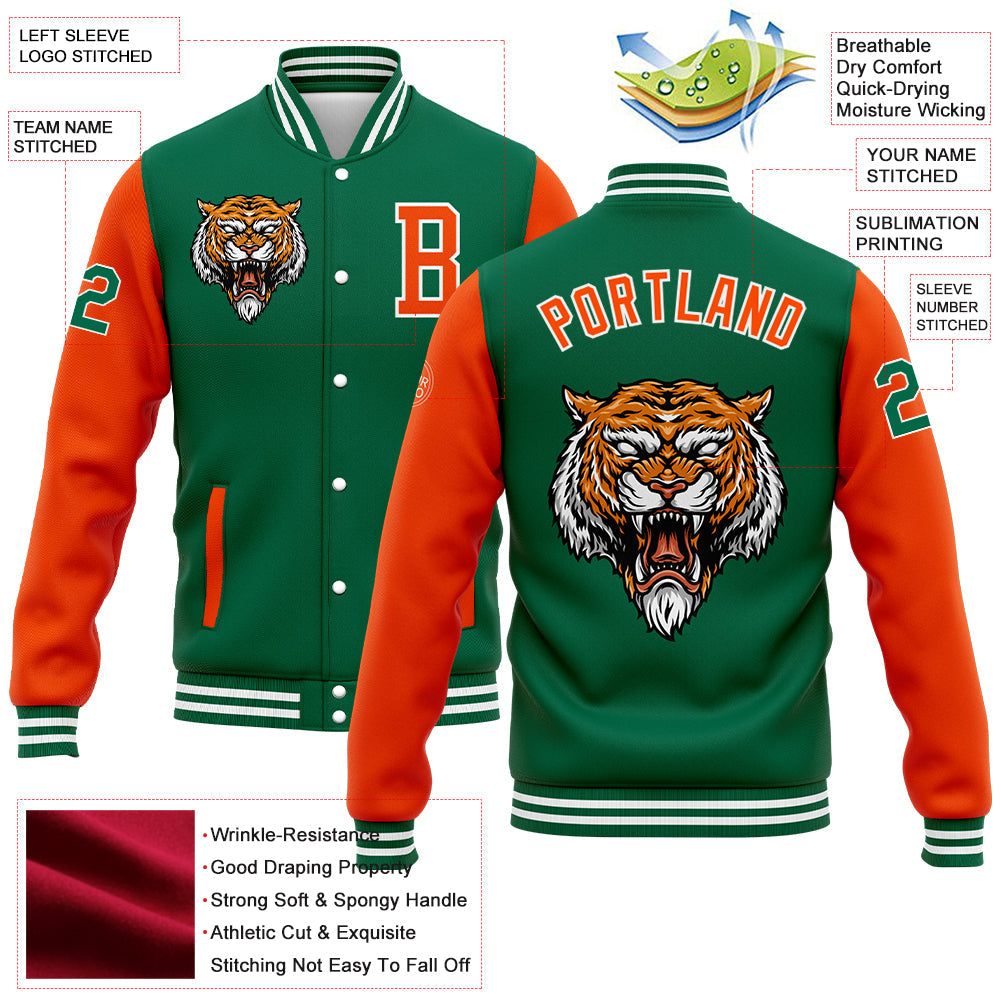 Custom Kelly Green Orange-White 3D Pattern Design Bomber Full-Snap Varsity Letterman Jacket view 5
