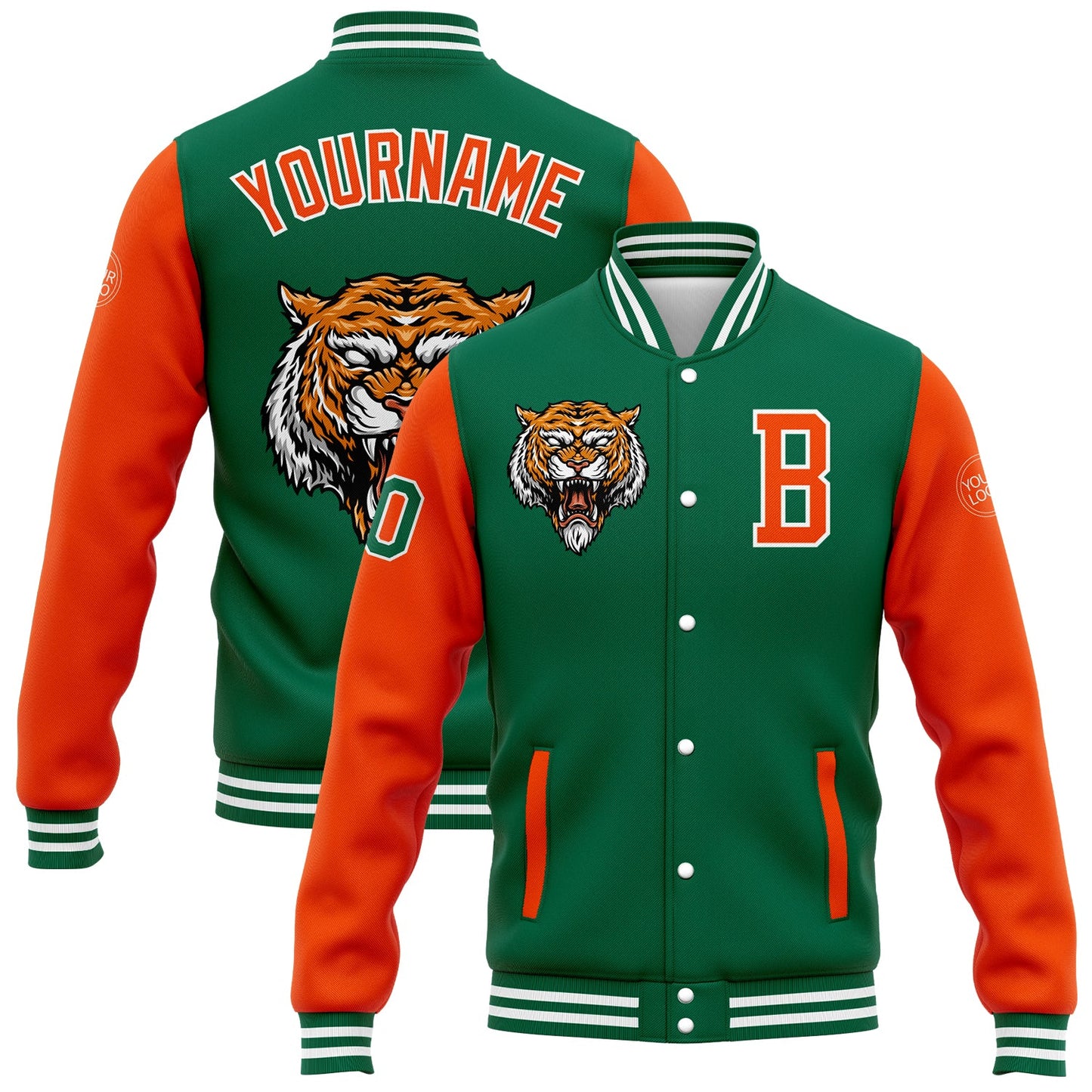 Custom Kelly Green Orange-White 3D Pattern Design Bomber Full-Snap Varsity Letterman Jacket - Main View