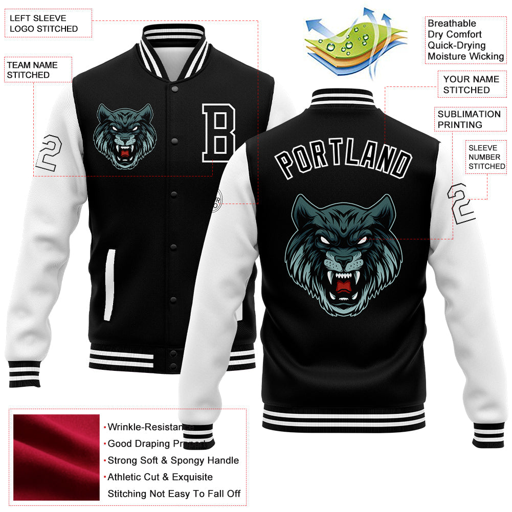 Custom Black White 3D Pattern Design Bomber Full-Snap Varsity Letterman Jacket view 5