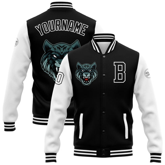 Custom Black White 3D Pattern Design Bomber Full-Snap Varsity Letterman Jacket - Main View