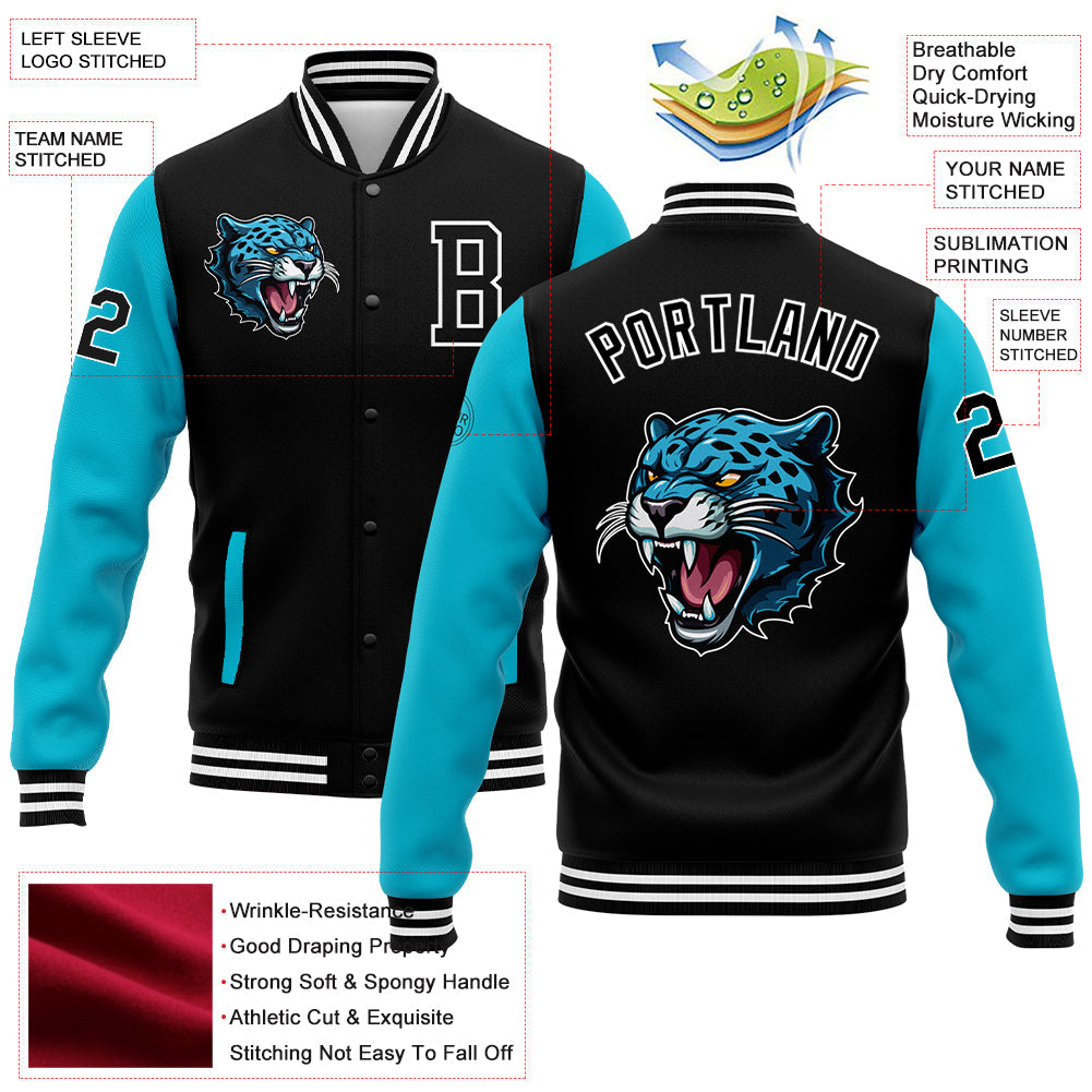 Custom Black Lakes Blue-White 3D Pattern Design Bomber Full-Snap Varsity Letterman Jacket view 5