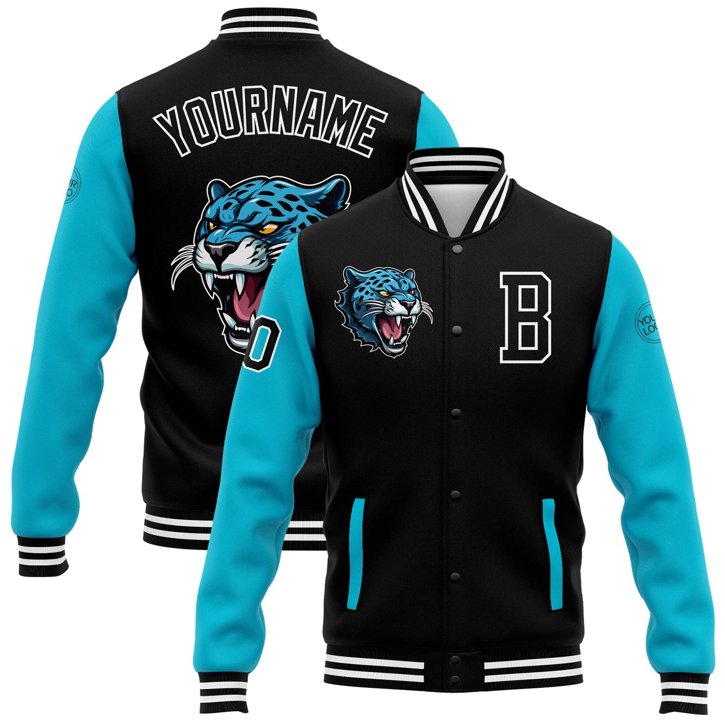 Custom Black Lakes Blue-White 3D Pattern Design Bomber Full-Snap Varsity Letterman Jacket - Main View