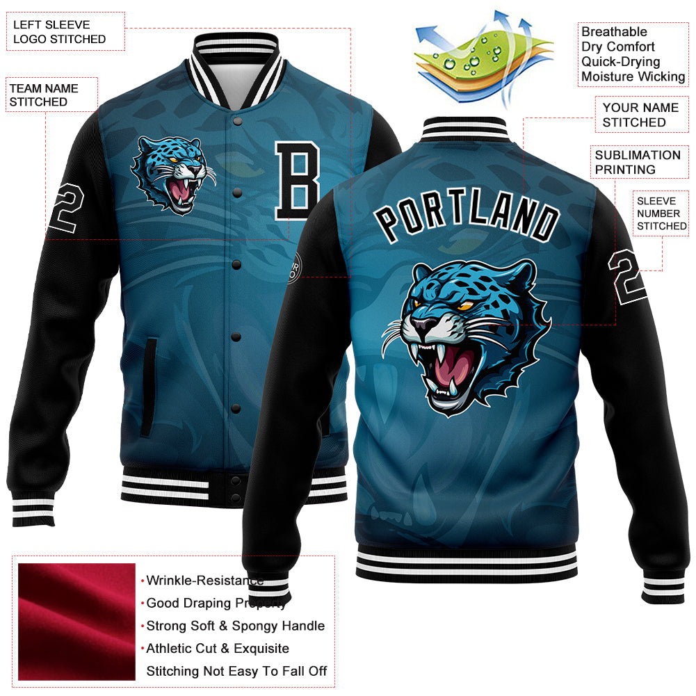 Custom Teal Black-White 3D Pattern Design Bomber Full-Snap Varsity Letterman Jacket view 5