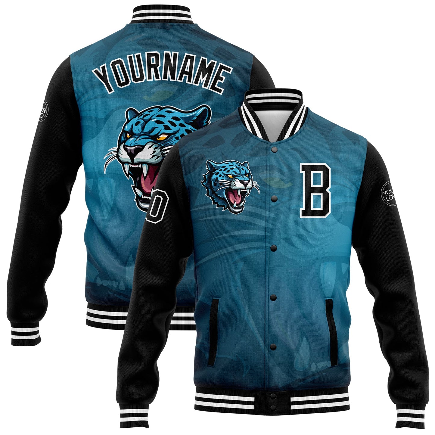 Custom Teal Black-White 3D Pattern Design Bomber Full-Snap Varsity Letterman Jacket - Main View