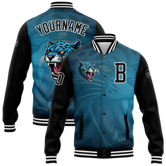 Custom Teal Black-White 3D Pattern Design Bomber Full-Snap Varsity Letterman Jacket - Main View