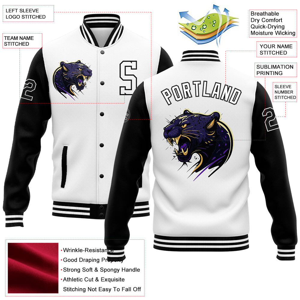 Custom White Black 3D Pattern Design Bomber Full-Snap Varsity Letterman Jacket view 5