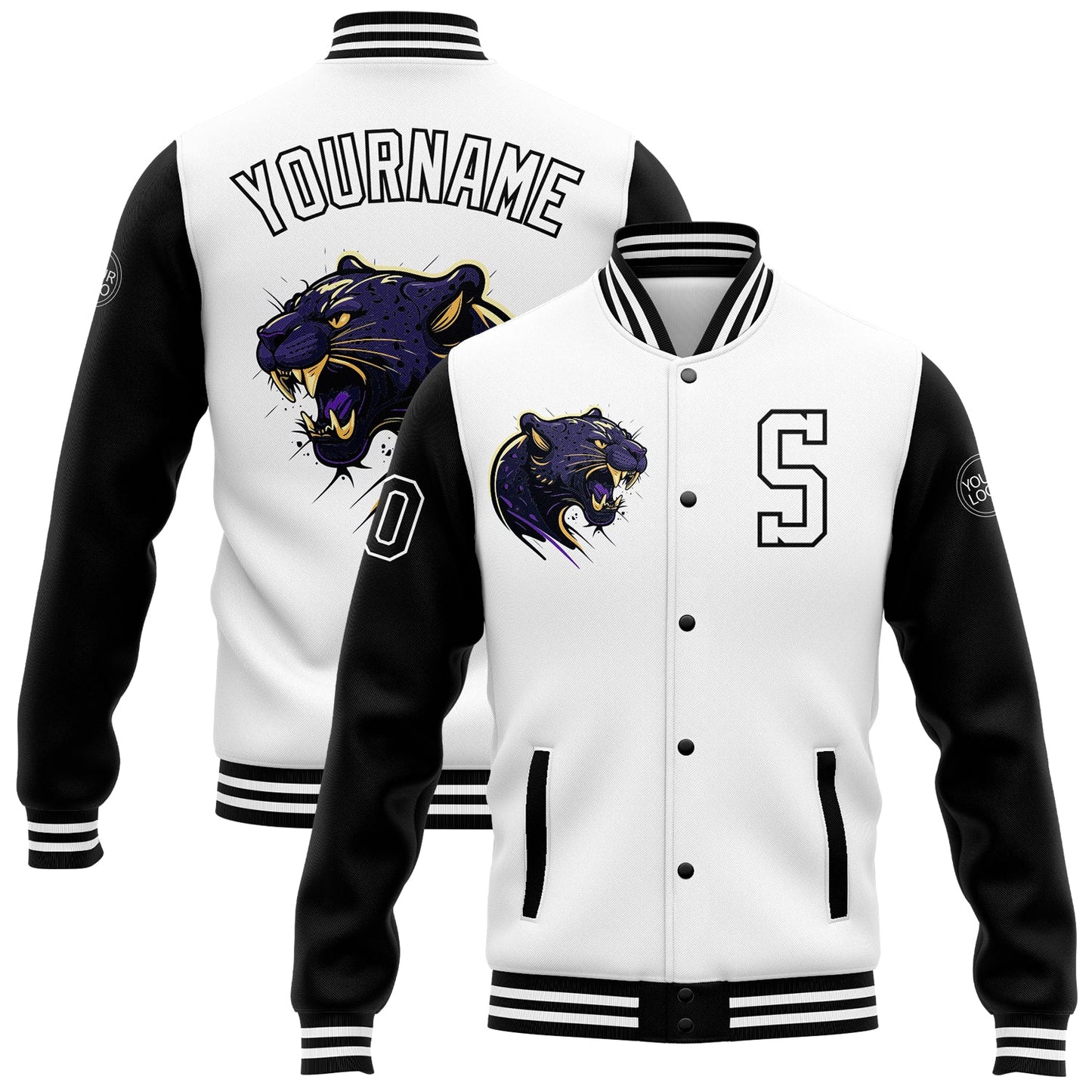 Custom White Black 3D Pattern Design Bomber Full-Snap Varsity Letterman Jacket - Main View